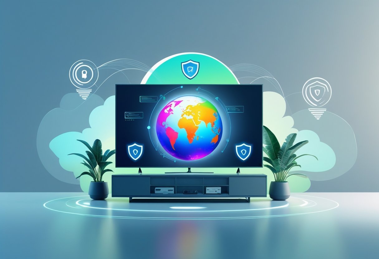 A modern living room with a large TV showing a colorful globe, surrounded by icons representing secure internet connections and global access to content.