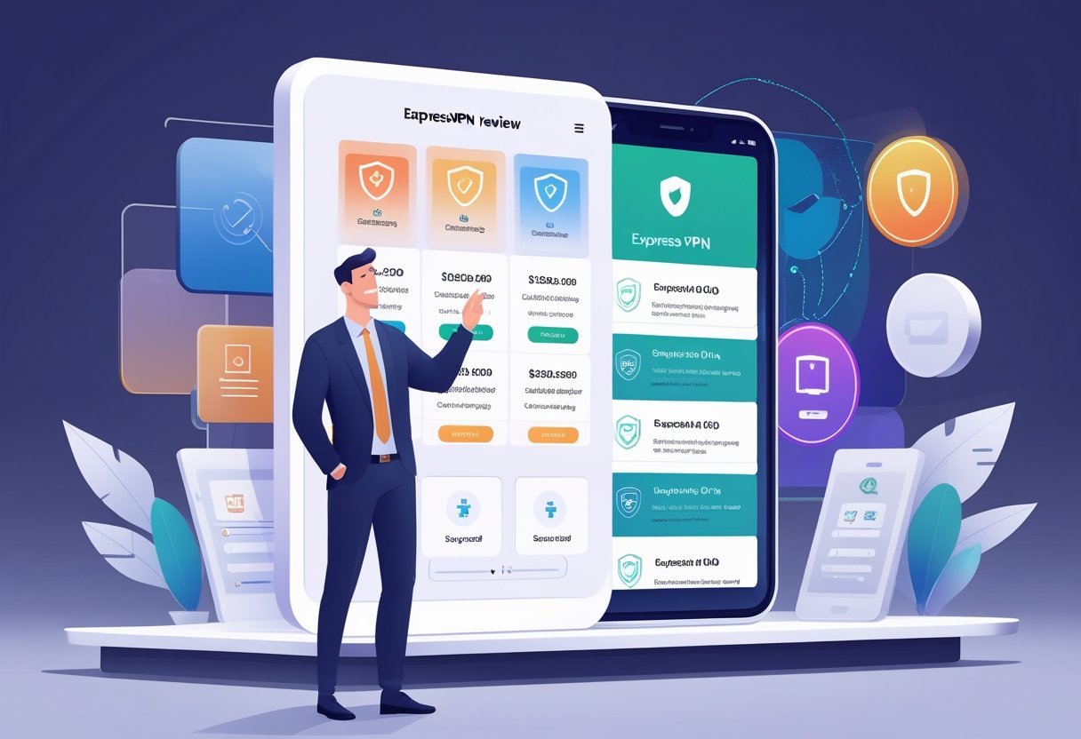 A person examining multiple subscription plans on a futuristic touchscreen, with icons representing security and internet privacy in the background.