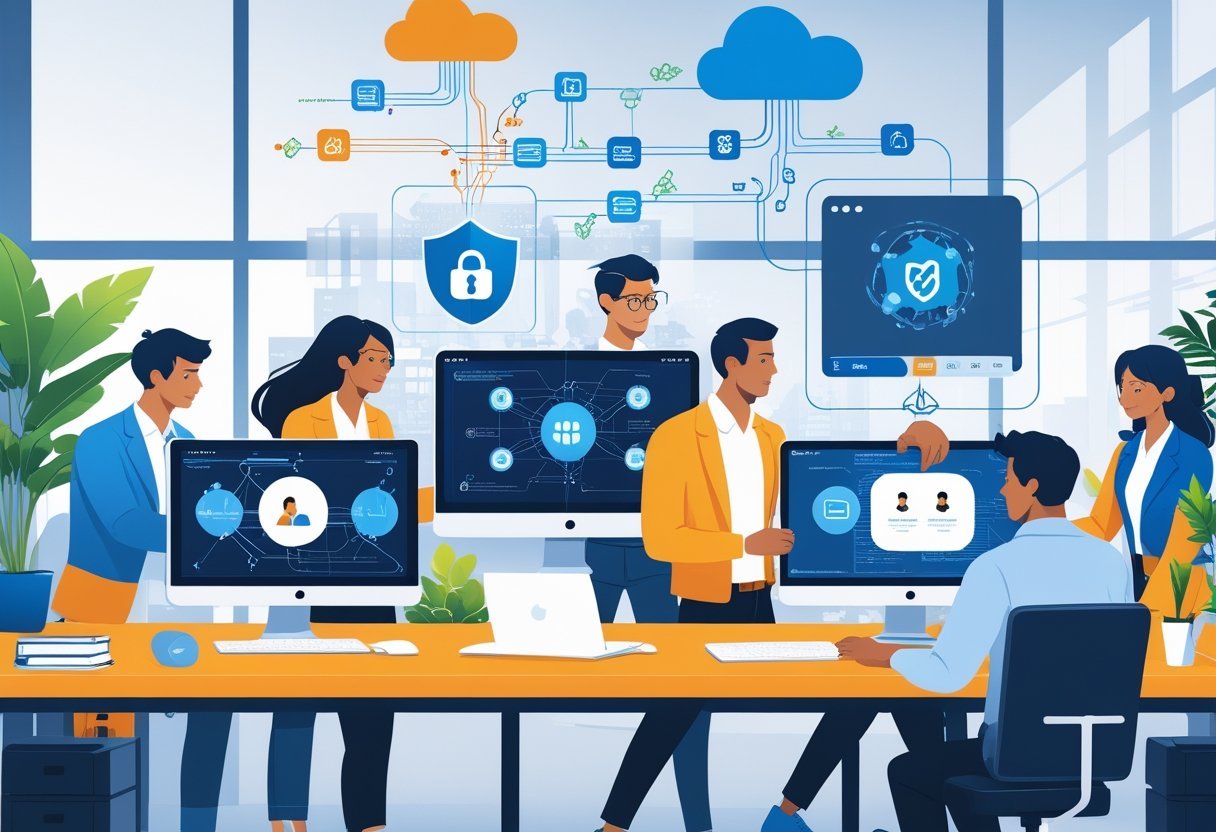 A group of business professionals working together at a desk with computer screens showing network security and team communication visuals in a bright office.