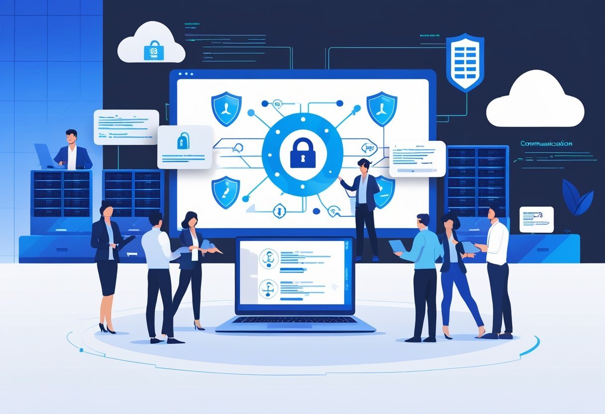 Business professionals collaborating in an office with digital screens showing secure network connections and devices displaying encrypted communication.