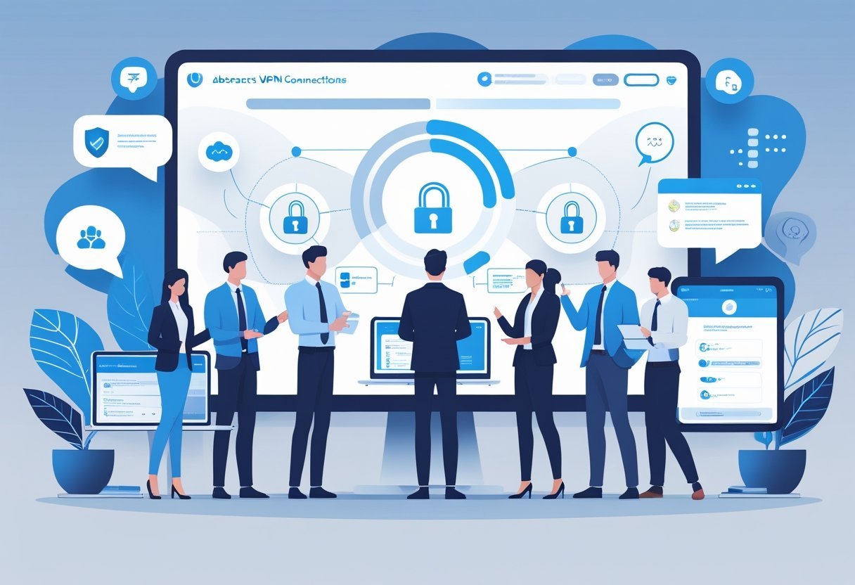 A group of business professionals collaborating in an office with digital screens showing secure network connections and communication icons.