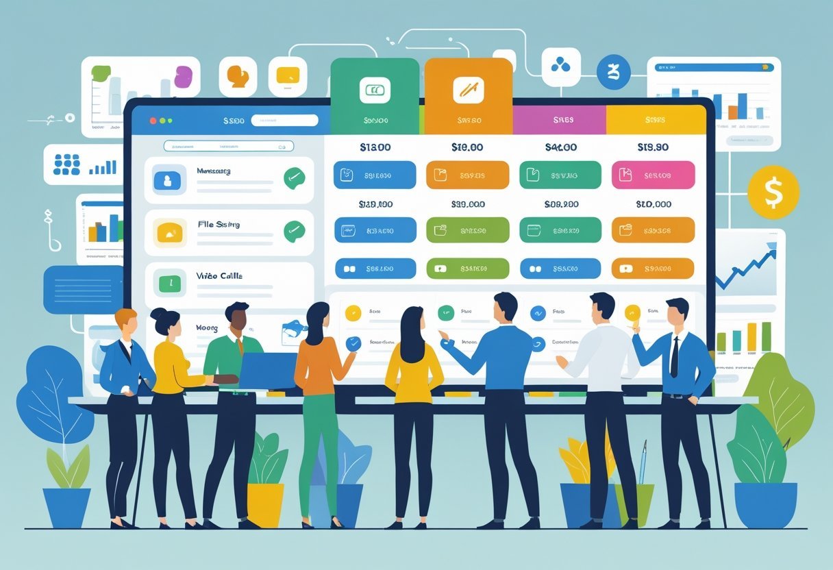 A group of professionals in an office reviewing colorful pricing cards on a large digital dashboard surrounded by charts and icons representing collaboration features.