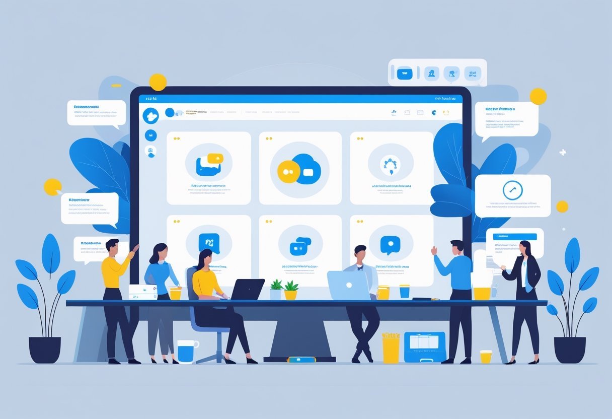 A group of professionals collaborating around a large digital screen showing icons representing messaging and file sharing in a modern office setting.