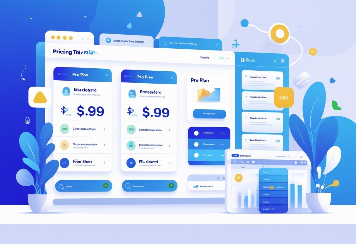 A clean dashboard illustration showing a detailed breakdown of a premium communication platform's subscription plans with icons representing messaging, collaboration, and file sharing.