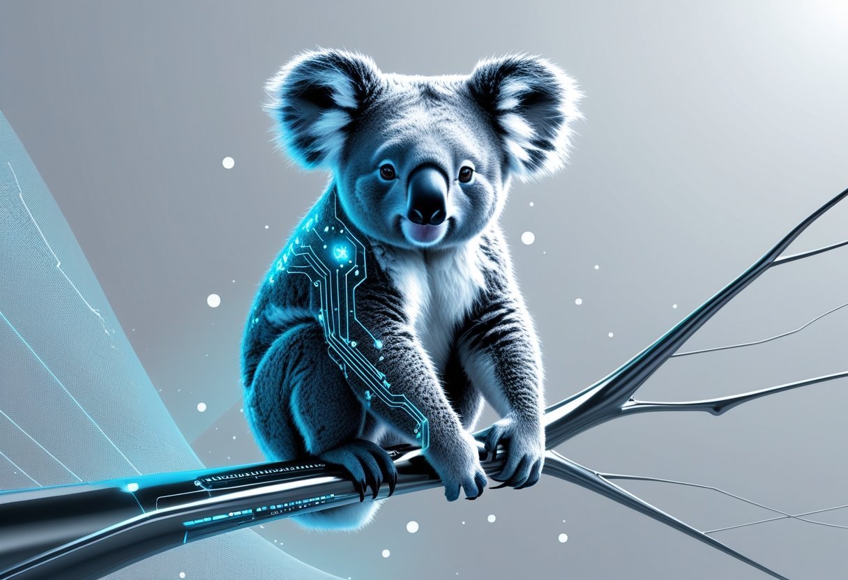 A futuristic koala with glowing eyes sitting on a metallic branch surrounded by digital data streams.