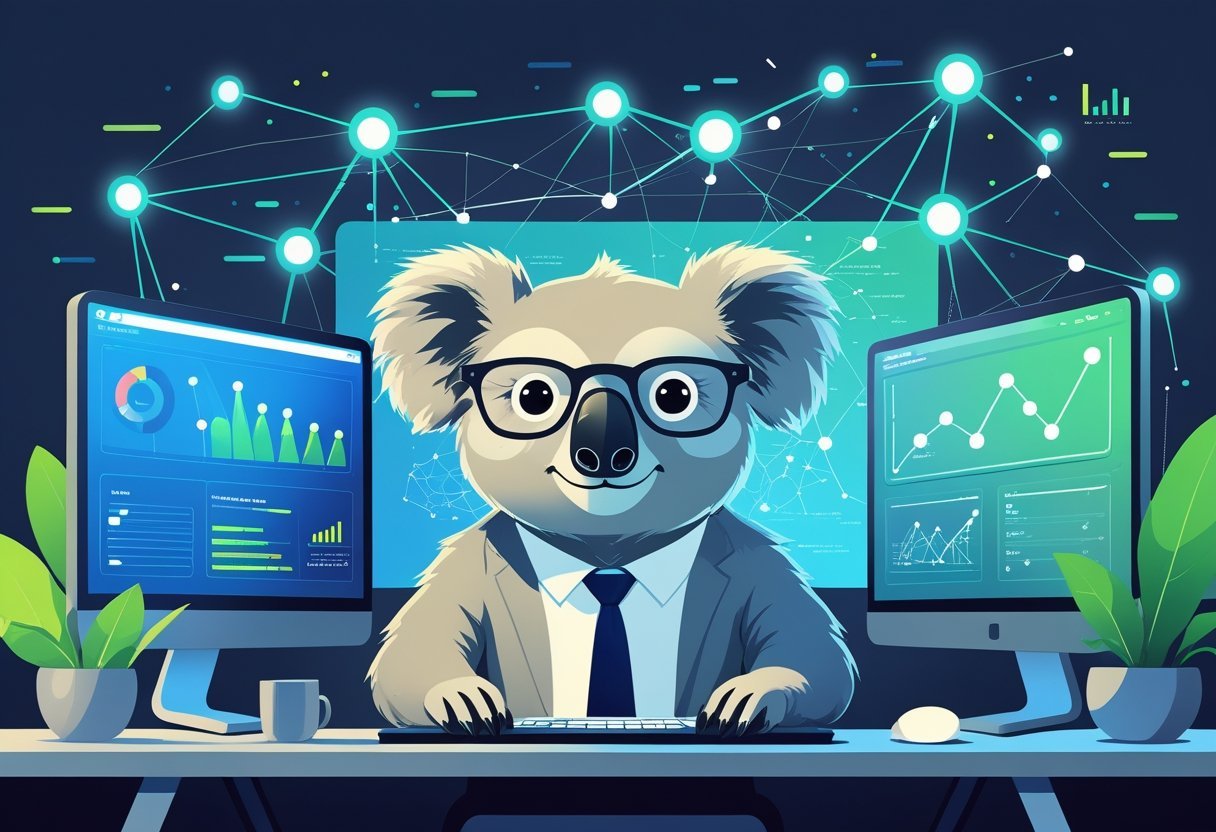 A koala character working at a desk with multiple computer screens showing charts and interconnected nodes representing SEO optimization and internal linking.