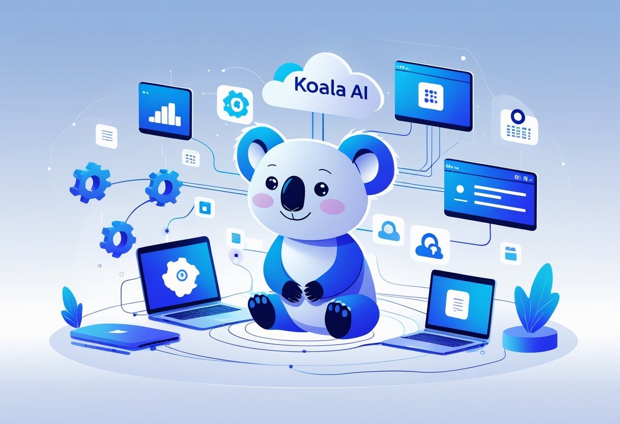 A koala character connected by glowing lines to various digital devices and icons, representing platform integrations and API access.