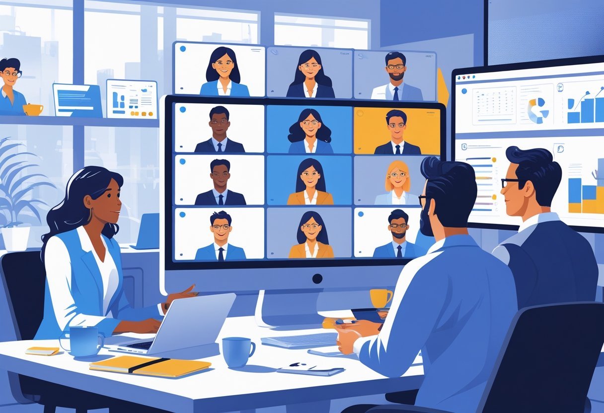 A group of business professionals participating in a virtual video conference meeting on a computer screen.