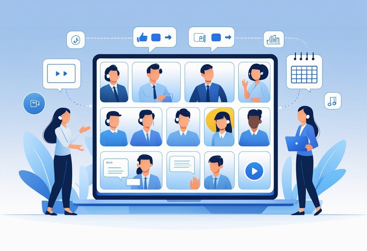 A group of people participating in a video conference call with icons representing collaboration tools around them.