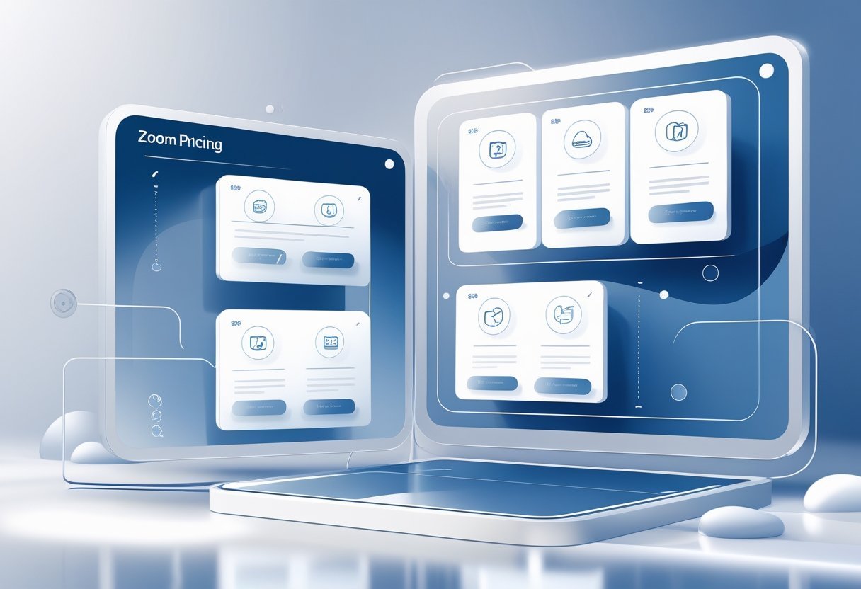A digital interface showing multiple overlapping windows with icons representing different features and pricing options for a video conferencing service.