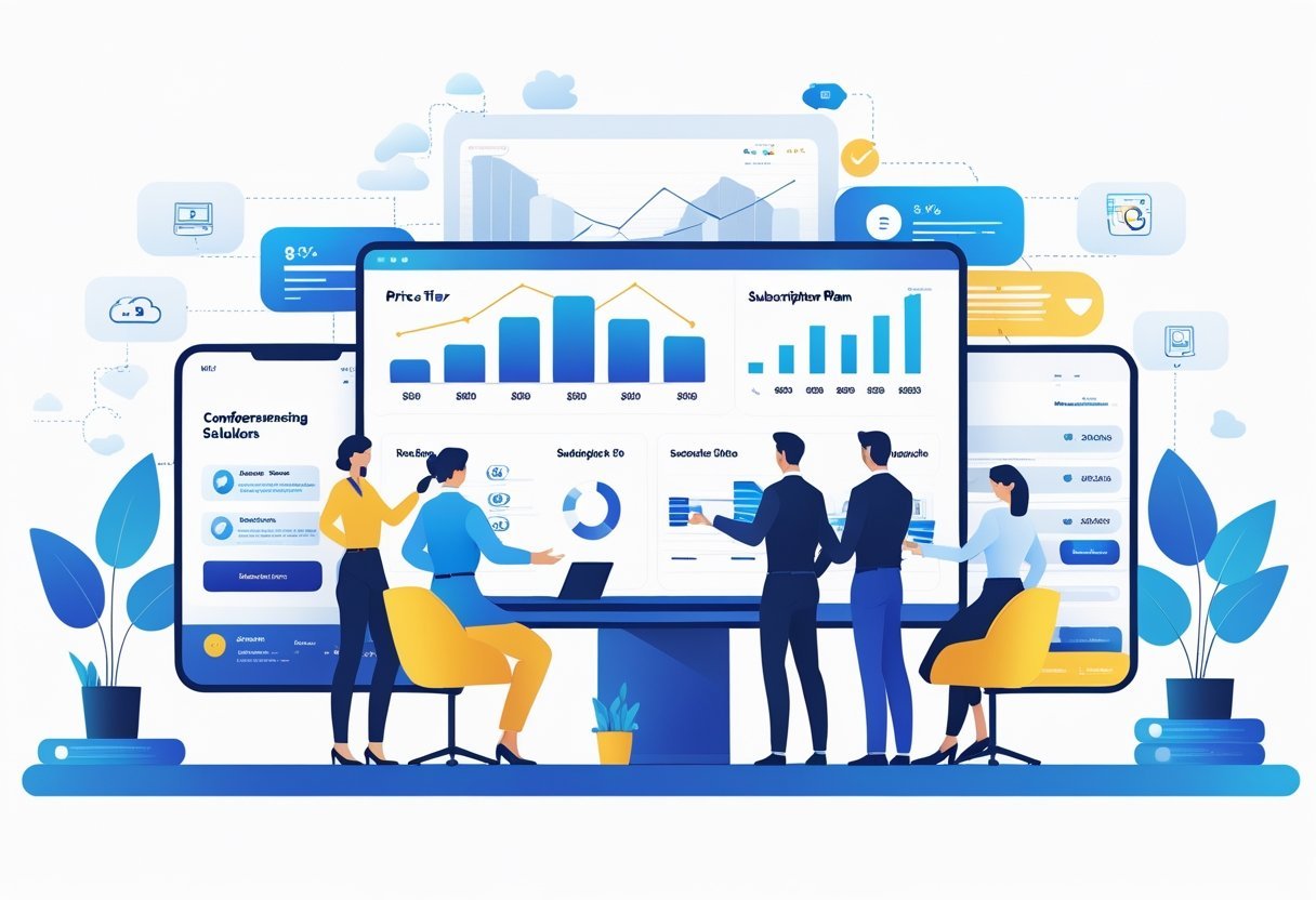Business professionals collaborating around a large digital screen showing abstract charts and pricing symbols in a modern office setting.
