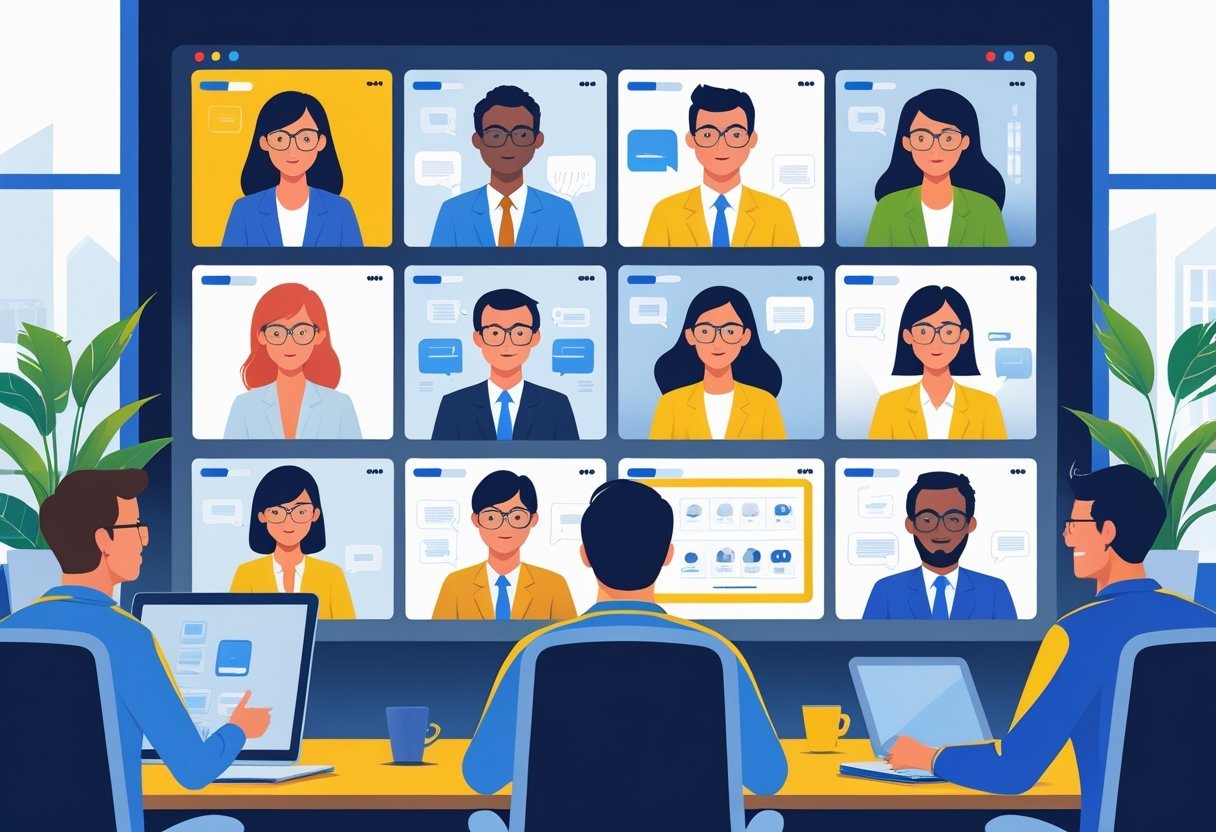 A group of diverse people participating in a video conference on computer screens in a modern office setting.