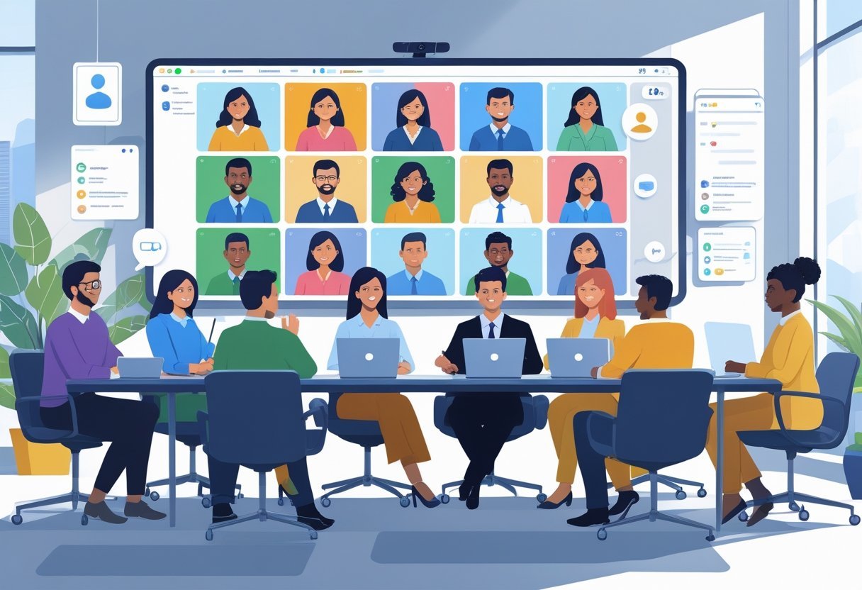 A group of people in an office participating in a video conference displayed on a large screen, with laptops and devices on a conference table.