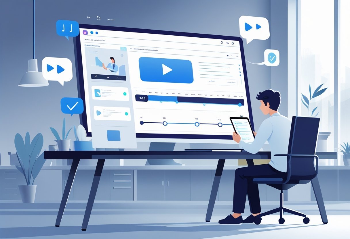 A person sitting at a desk watching a video on a computer monitor and taking notes on a tablet in a clean office environment.