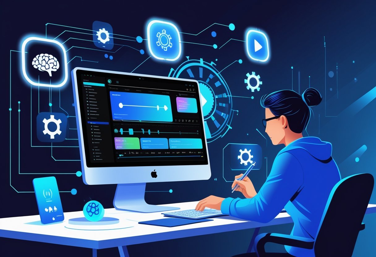 A person working at a computer with a video editing interface showing AI-powered tools and digital icons representing smart technology.