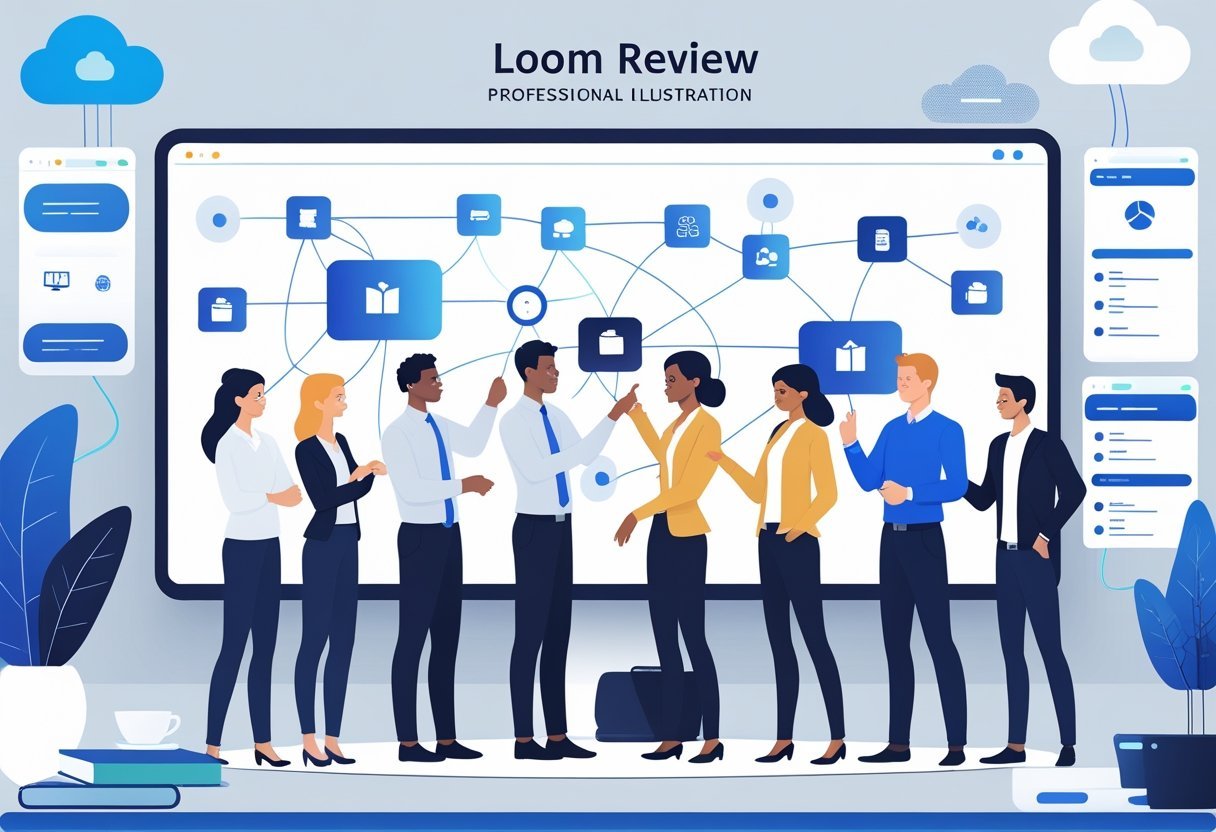 A group of diverse professionals collaborating around a digital screen showing interconnected software icons and devices symbolizing integration and compatibility.