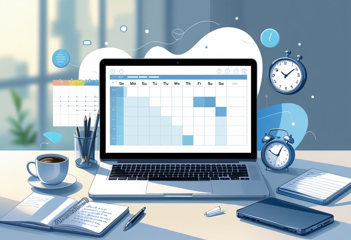 A workspace with a laptop showing a calendar interface, a smartphone, notebook, and coffee cup on a desk.