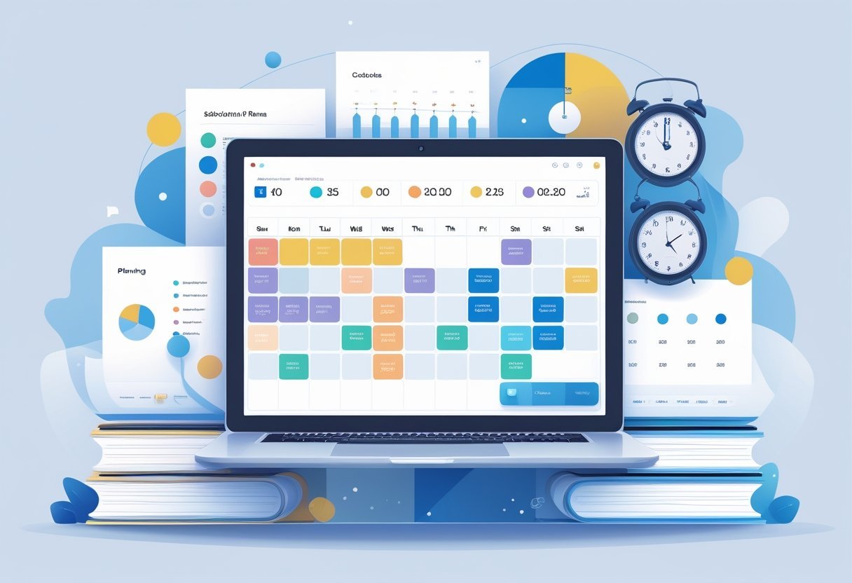 A modern workspace with a laptop showing a calendar and surrounding elements like charts, a clock, and icons representing different subscription plans.