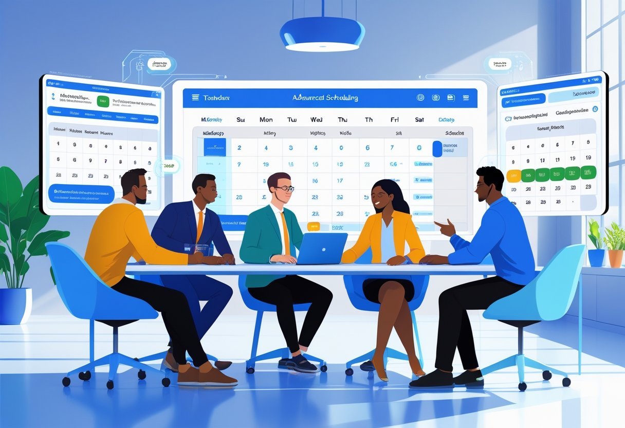 A team of four people collaborating around a table with digital calendar interfaces and scheduling tools in a modern office.