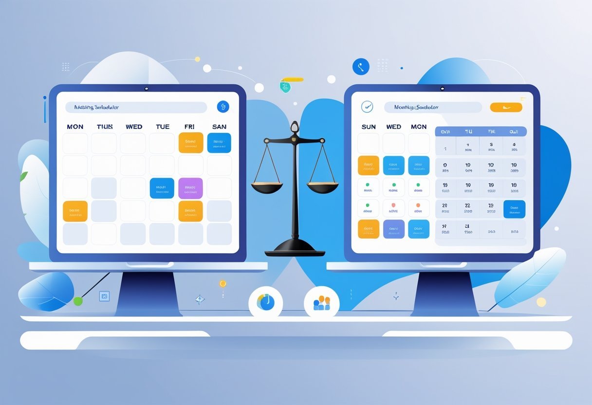 Two digital devices side by side showing calendar interfaces with meeting times and icons representing scheduling features, with a balanced scale between them symbolizing comparison.