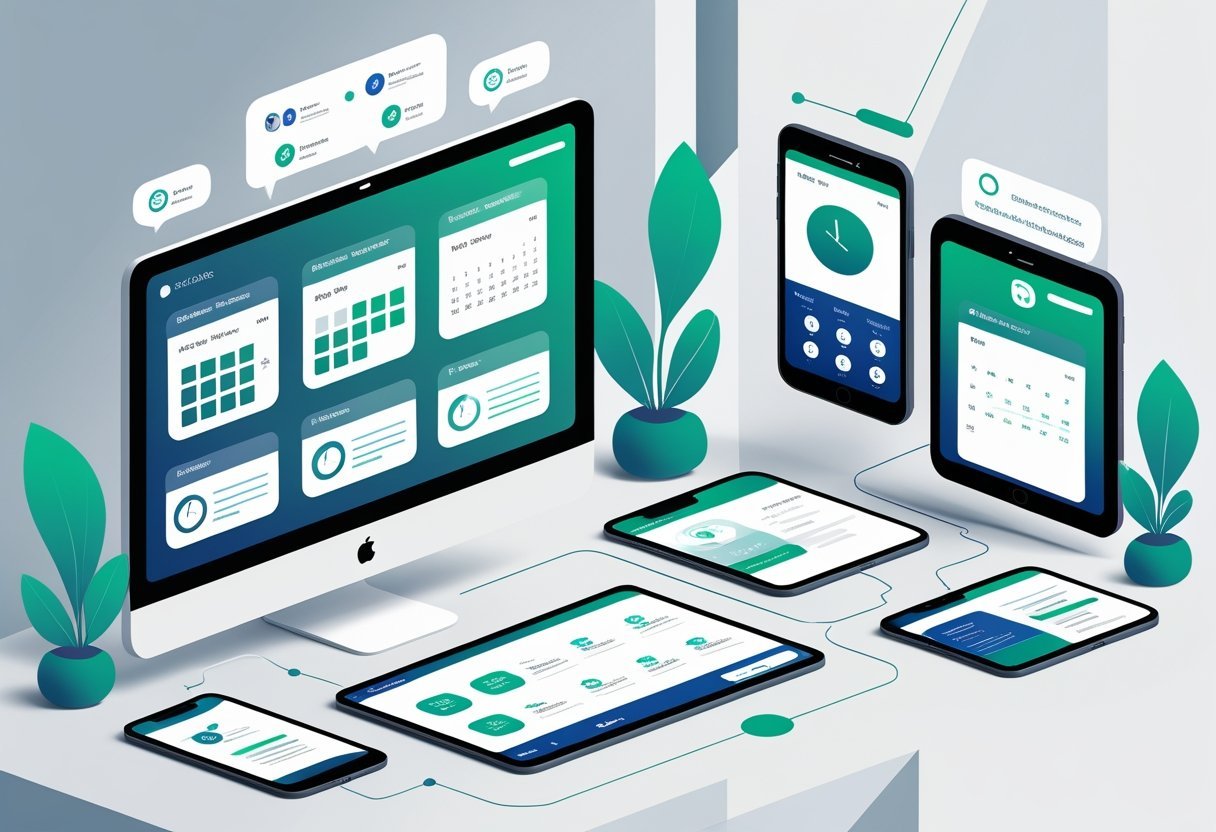 Multiple devices showing simplified meeting scheduler interfaces with icons representing calendar events, clocks, notifications, and user profiles arranged to illustrate feature comparison.
