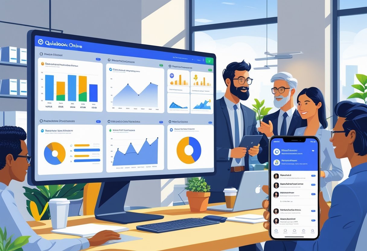 A group of business professionals working together in an office with screens showing financial data and communication apps.