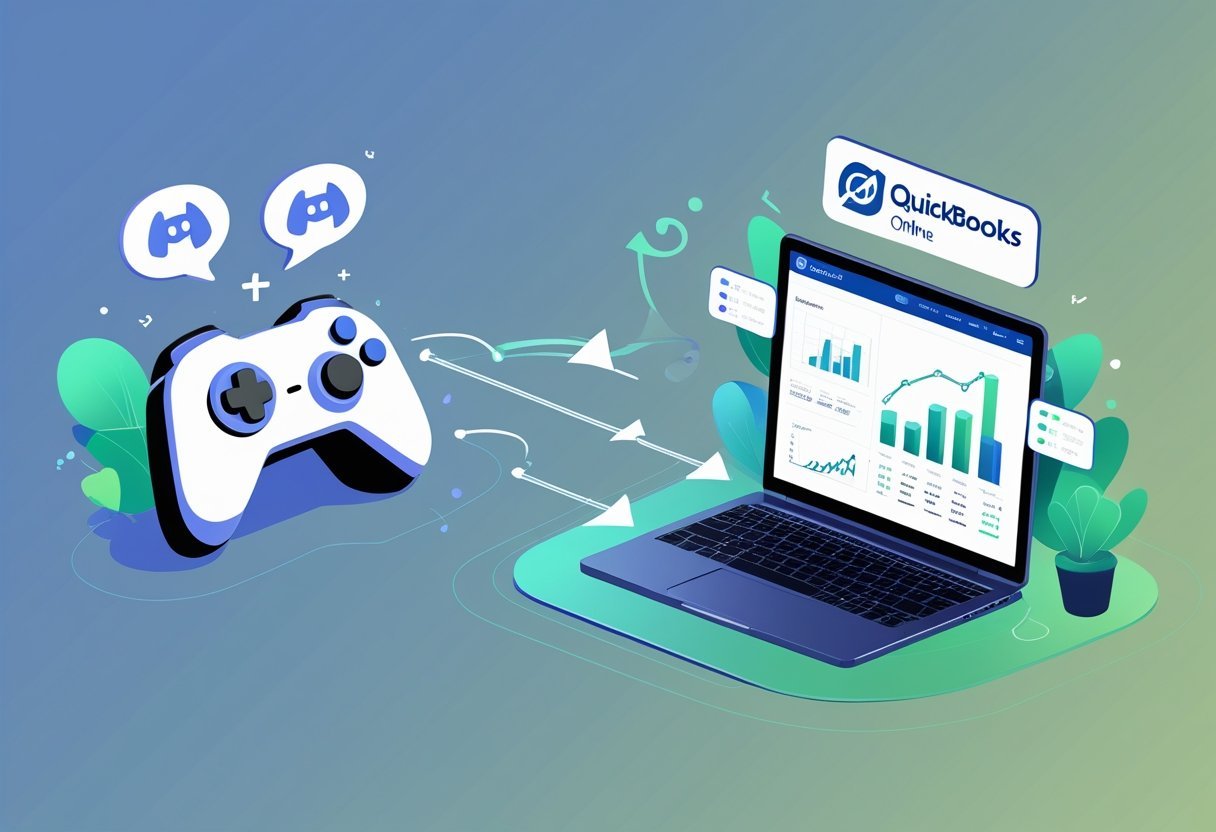 Illustration showing a connection between a communication app and financial software with symbols representing collaboration and business data on a laptop screen.