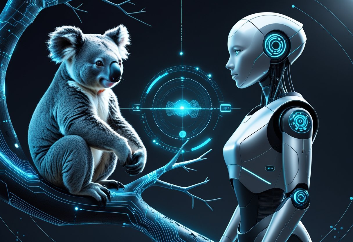 A koala perched on a digital tree branch faces a humanoid robot across a glowing holographic interface in a futuristic virtual environment.