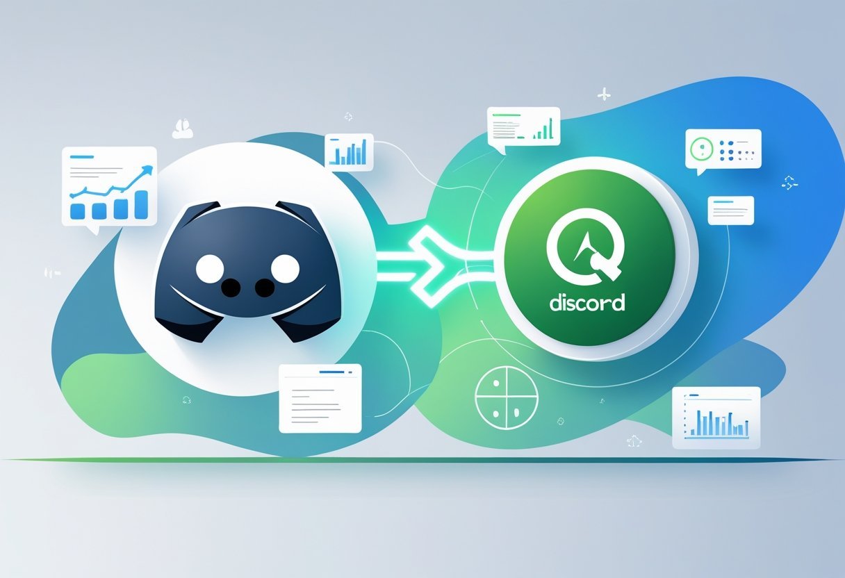 An illustration showing a connection between Discord and QuickBooks Online with business icons and a glowing data stream linking two symbolic logos.