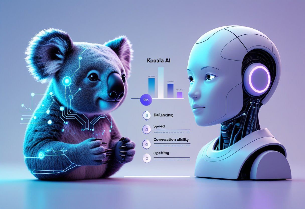 Two symbolic AI figures side by side with visual elements comparing their features, set against a clean, tech-inspired background.