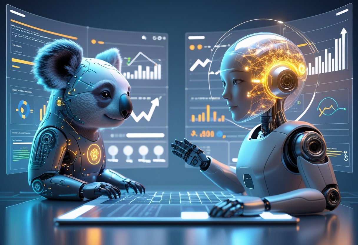 Two futuristic AI figures, one resembling a koala and the other a humanoid robot, face each other across a digital interface with floating charts and SEO icons.