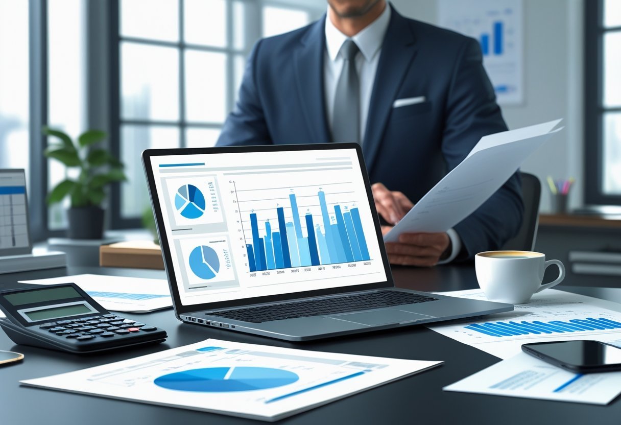 A business professional reviewing financial documents at a desk with a laptop, calculator, and paperwork in a bright office.