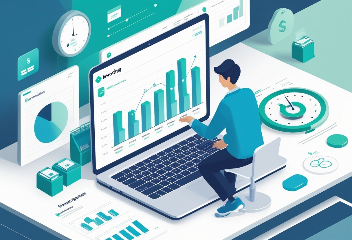 A person working at a laptop surrounded by icons representing invoicing, expense tracking, time management, and reporting in a modern office setting.