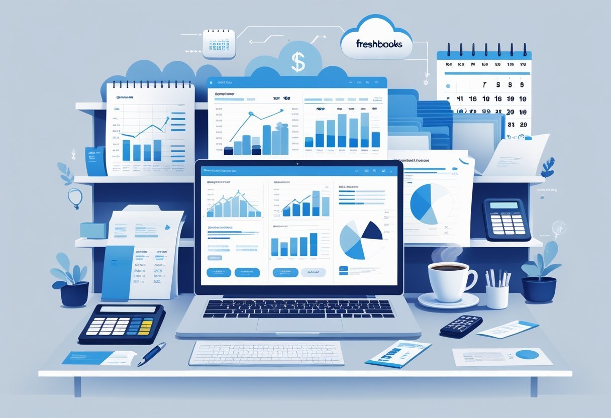 A modern office desk with a laptop showing financial charts and accounting software, surrounded by invoices, receipts, a calculator, and office supplies.