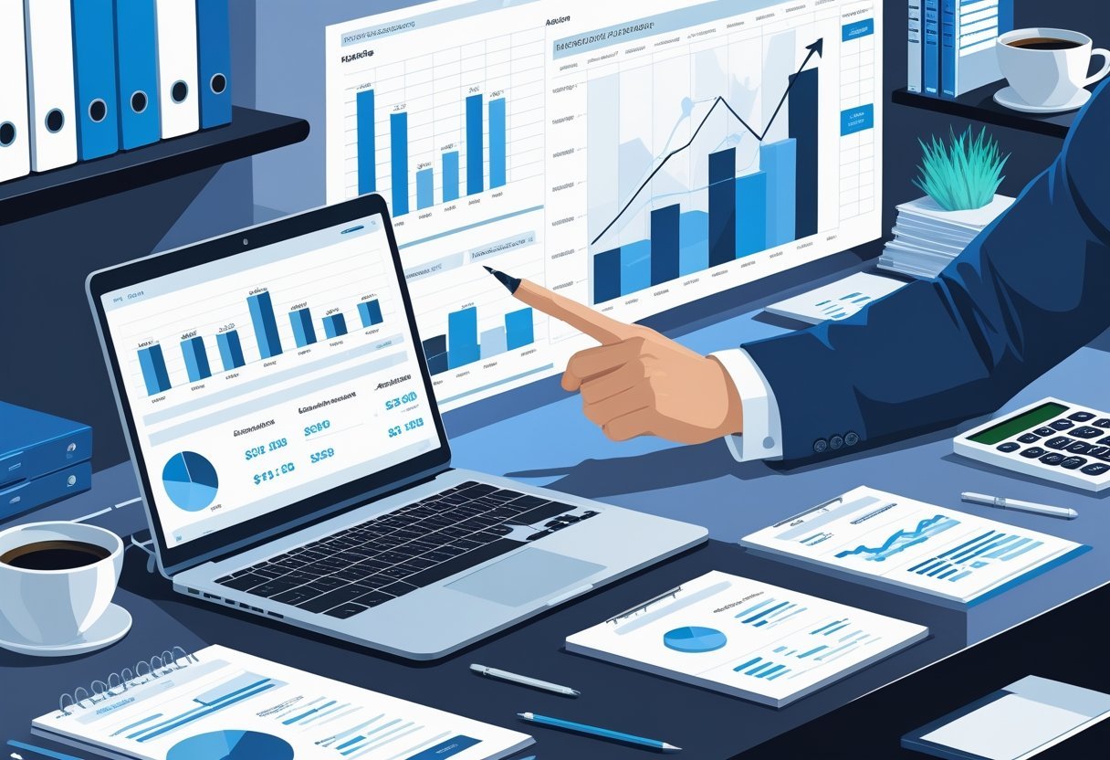 A person reviewing financial charts and spreadsheets on a laptop in an organized office workspace with accounting tools nearby.