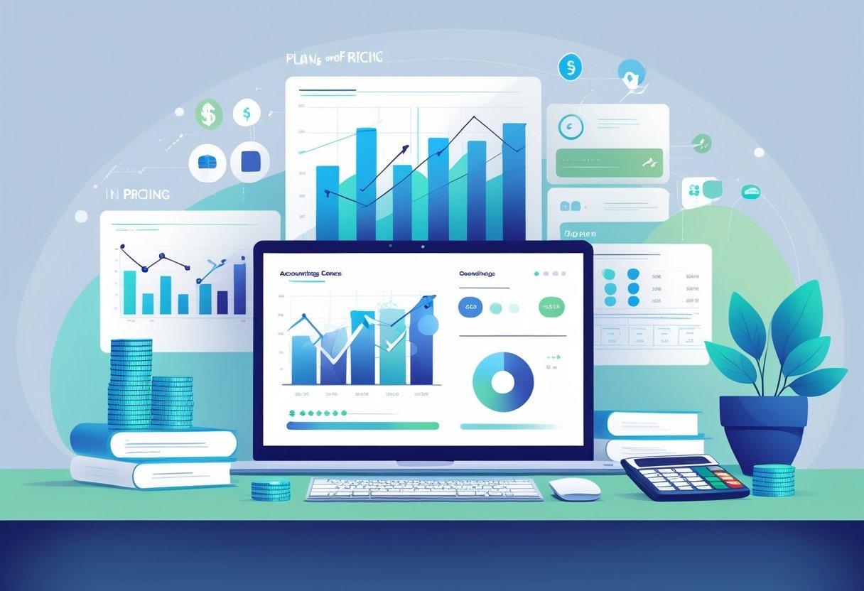 A modern office desk with a laptop showing financial charts, documents, and a calculator, surrounded by icons representing different pricing plans.