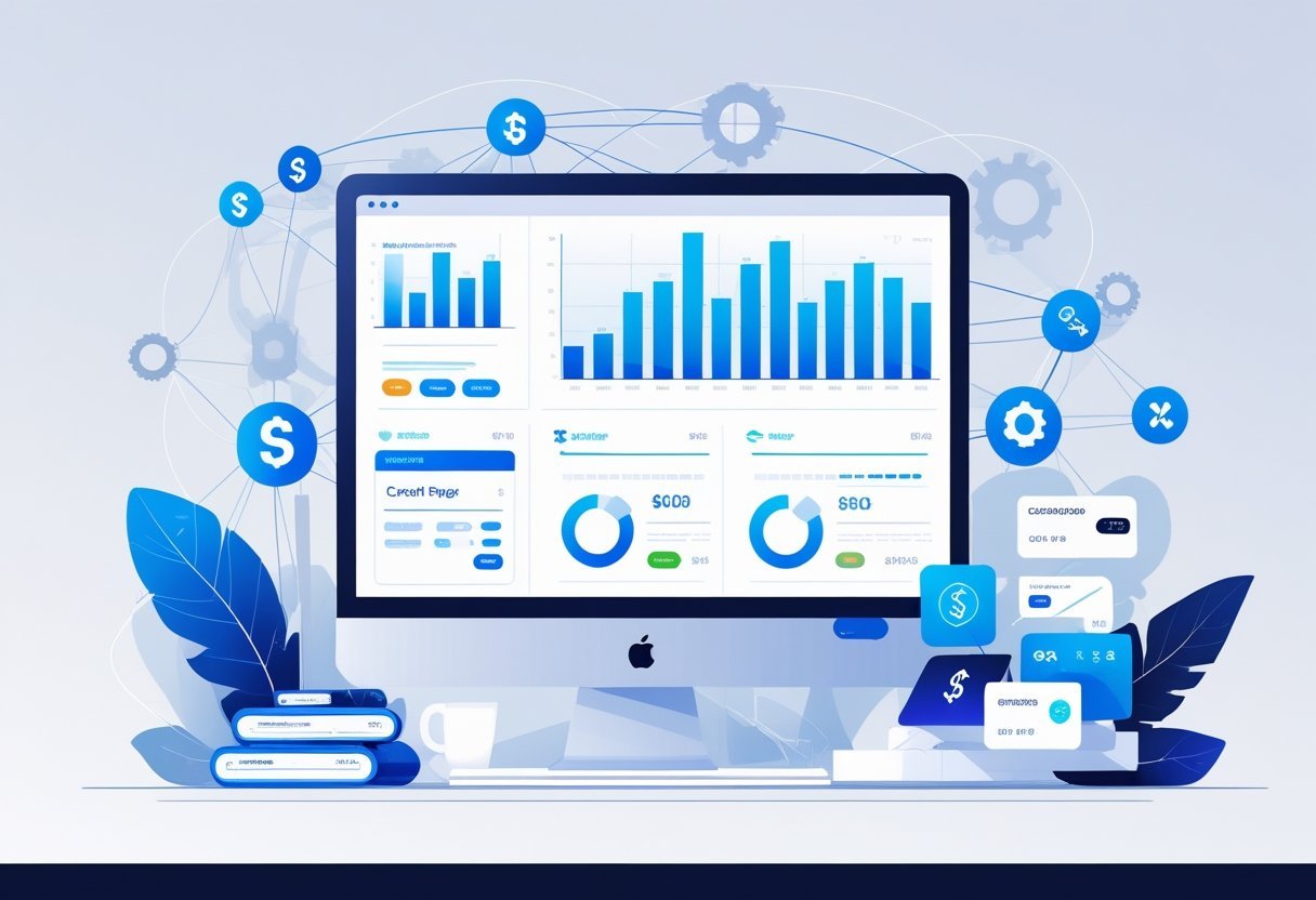A workspace with a computer showing financial charts surrounded by icons of payment methods connected by lines, symbolizing integration and payment processing.