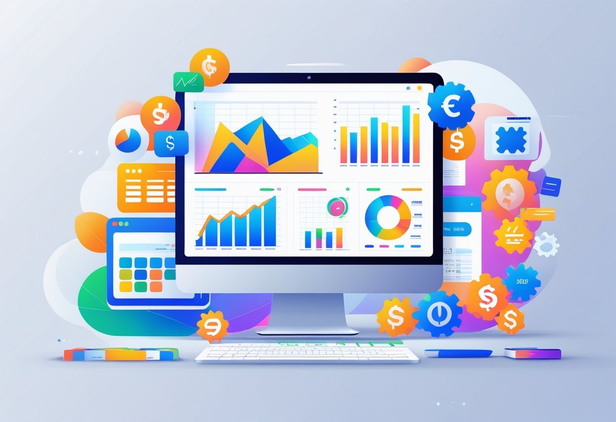 A workspace with a computer showing financial charts and icons representing accounting tools and automation.