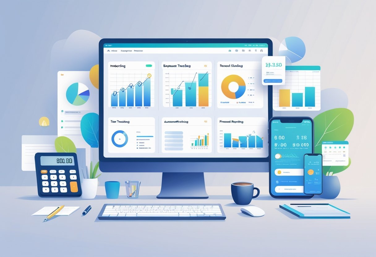 A workspace with a computer showing financial charts and icons related to accounting, surrounded by office supplies like a calculator and notepad.
