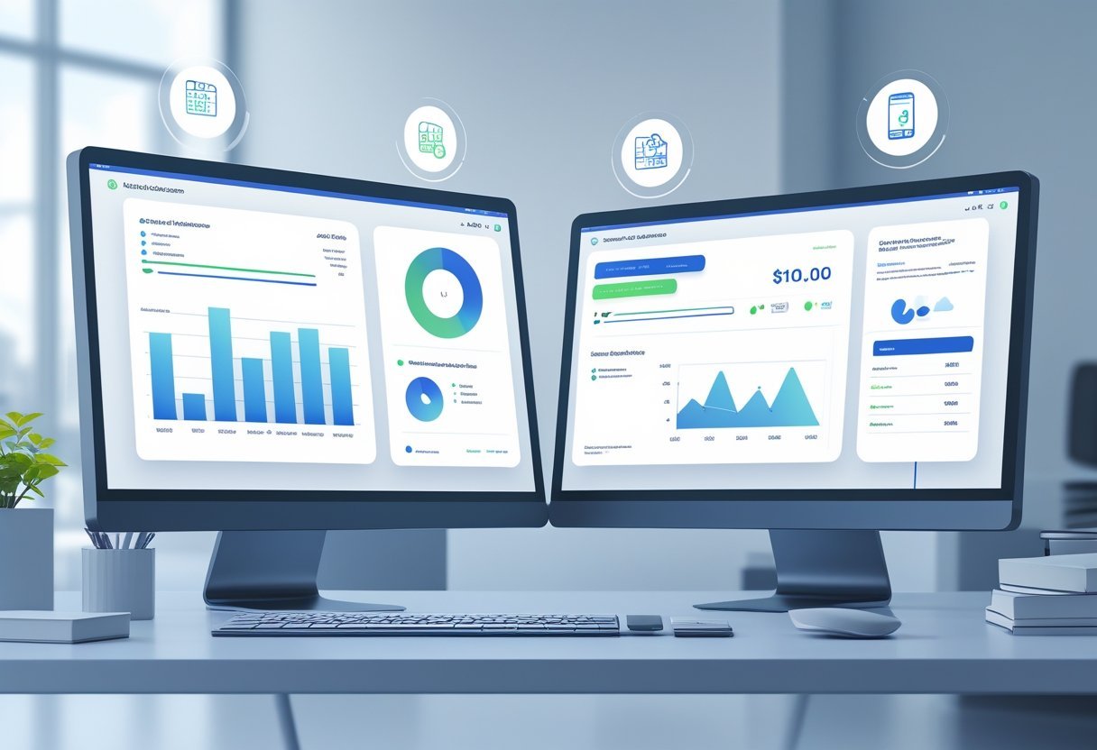 Two computer screens on a desk showing different invoicing software interfaces with icons representing payment, analytics, automation, and cloud storage around them.