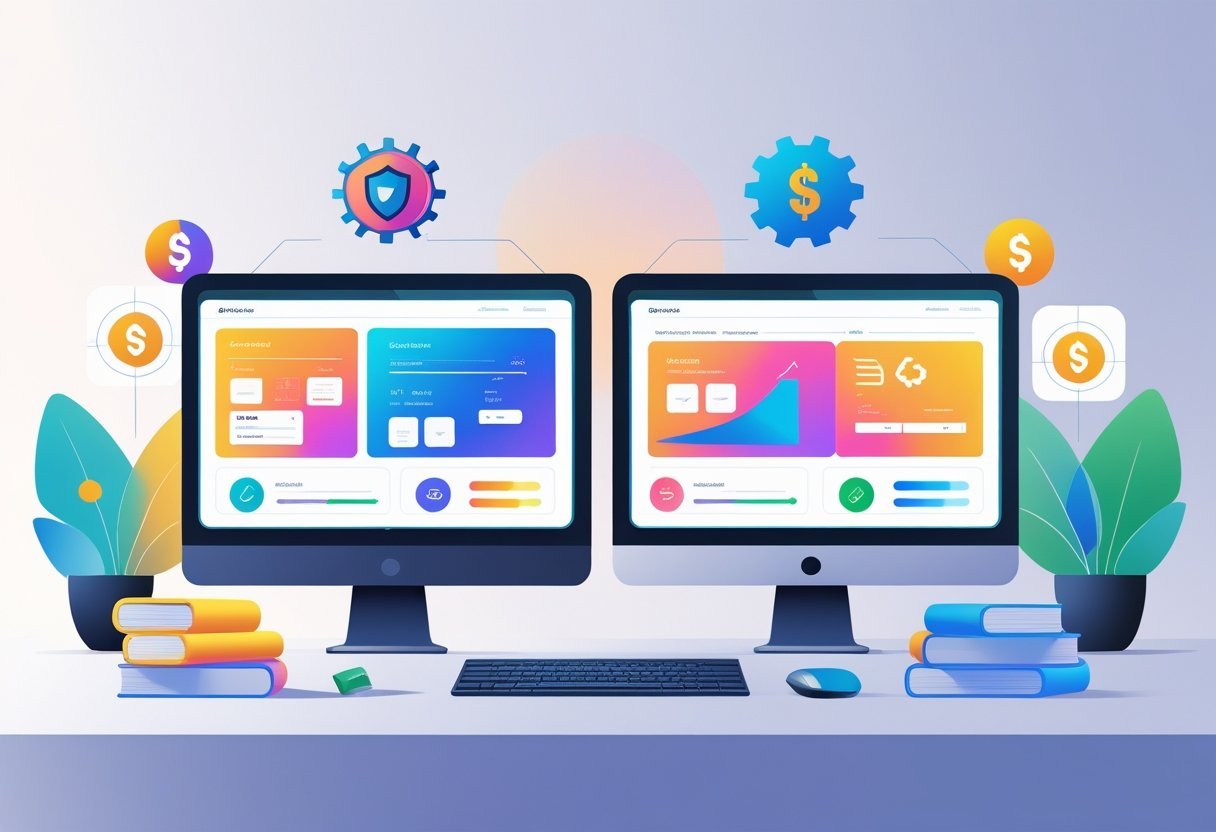 An office desk with two computer screens showing different invoicing software dashboards and icons representing key comparison criteria around them.