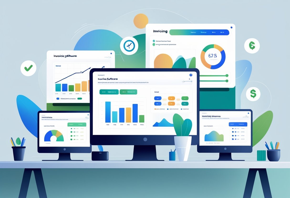 Multiple digital devices on a desk showing different invoicing software interfaces with charts and icons representing billing and payment features.