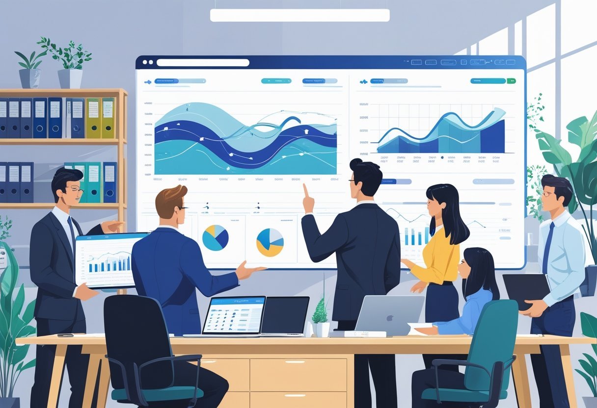 A group of business professionals reviewing financial data on digital devices around a desk in an office.