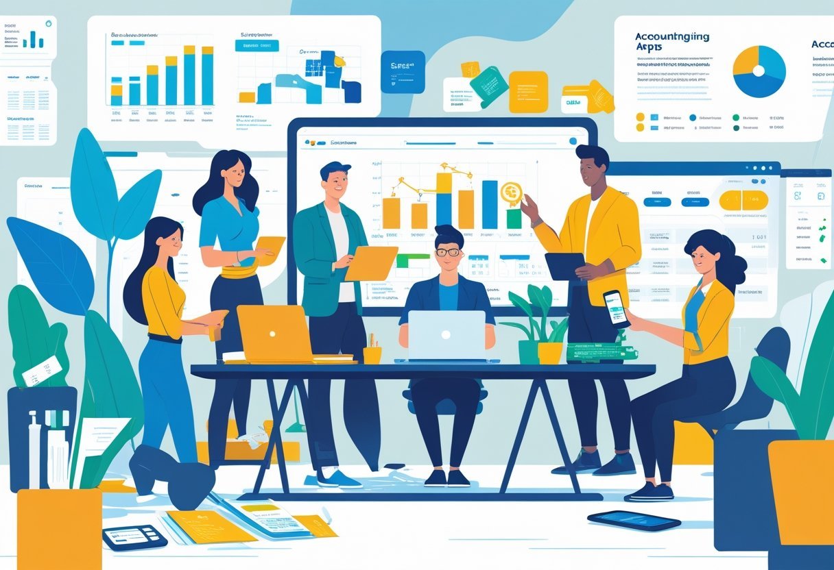 A group of small business owners working together in an office with laptops, tablets, and financial documents.