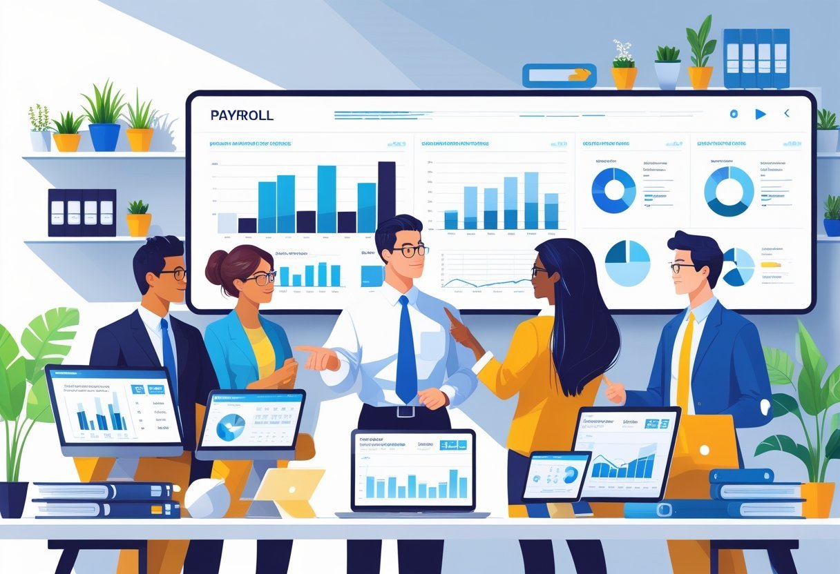 A group of business professionals reviewing payroll data together in a modern office setting.