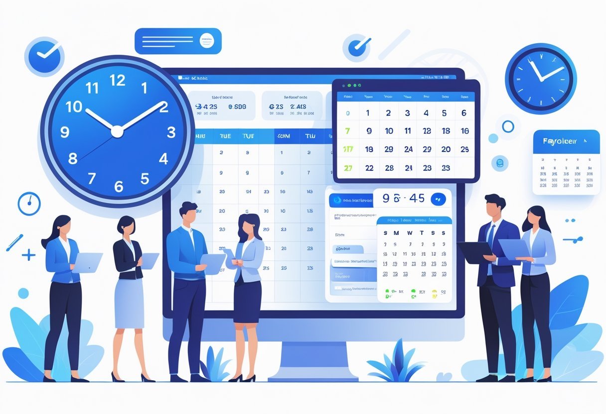 Office scene showing employees and a manager using digital devices to track time and manage work schedules with a large clock and calendar display.
