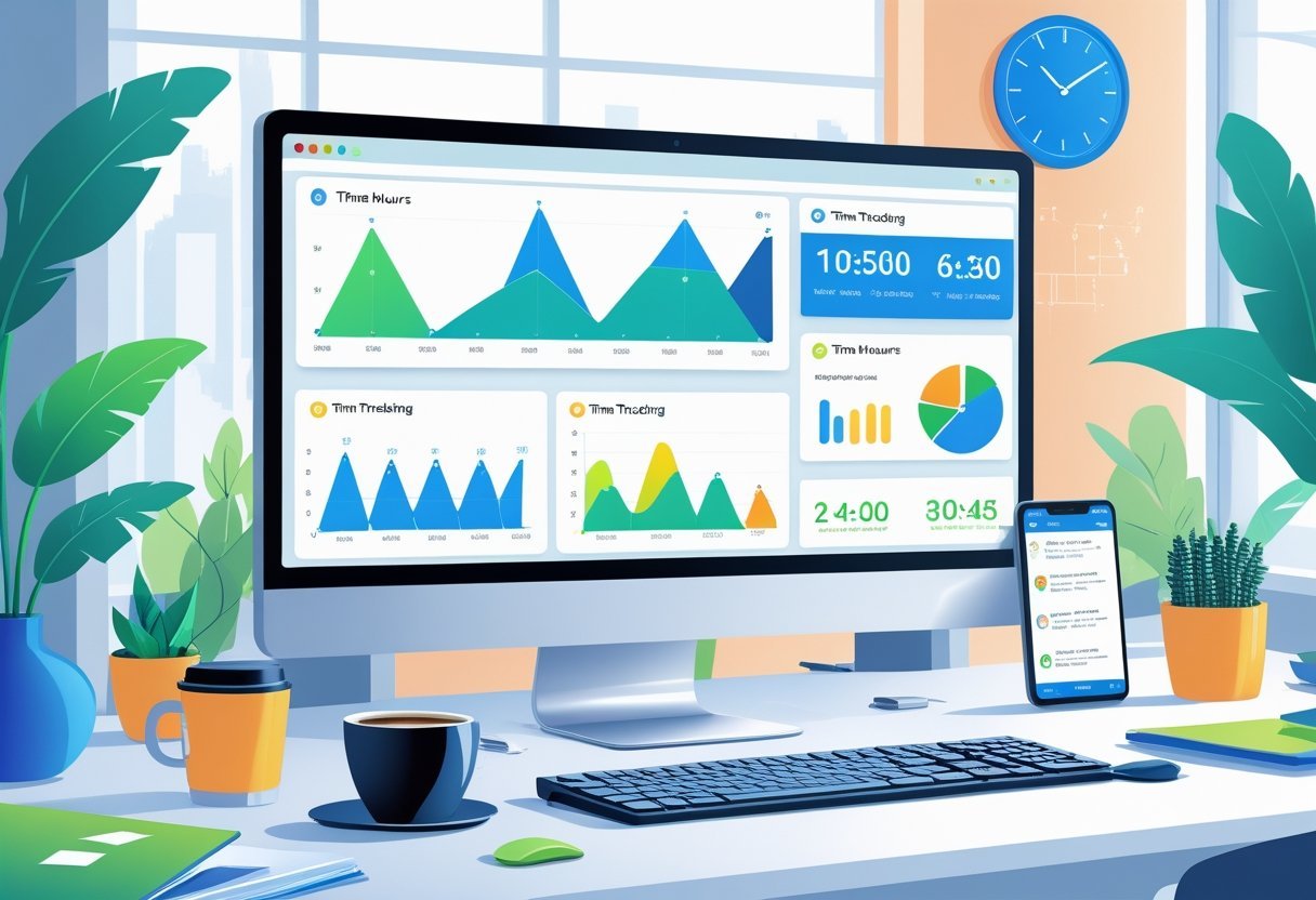 A modern workspace with a computer screen showing time tracking charts and timers, surrounded by office items and a wall clock.
