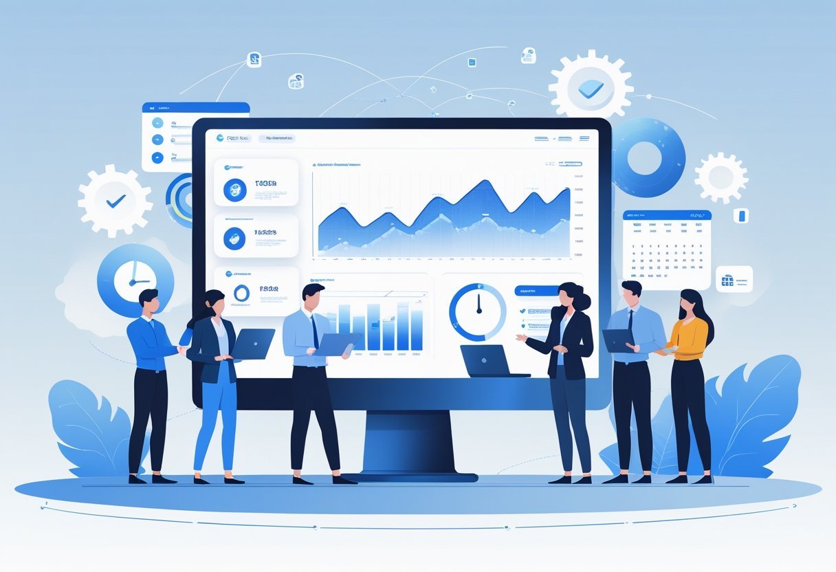 A group of professionals working together around digital devices with a large screen showing charts and timelines representing time tracking software features.