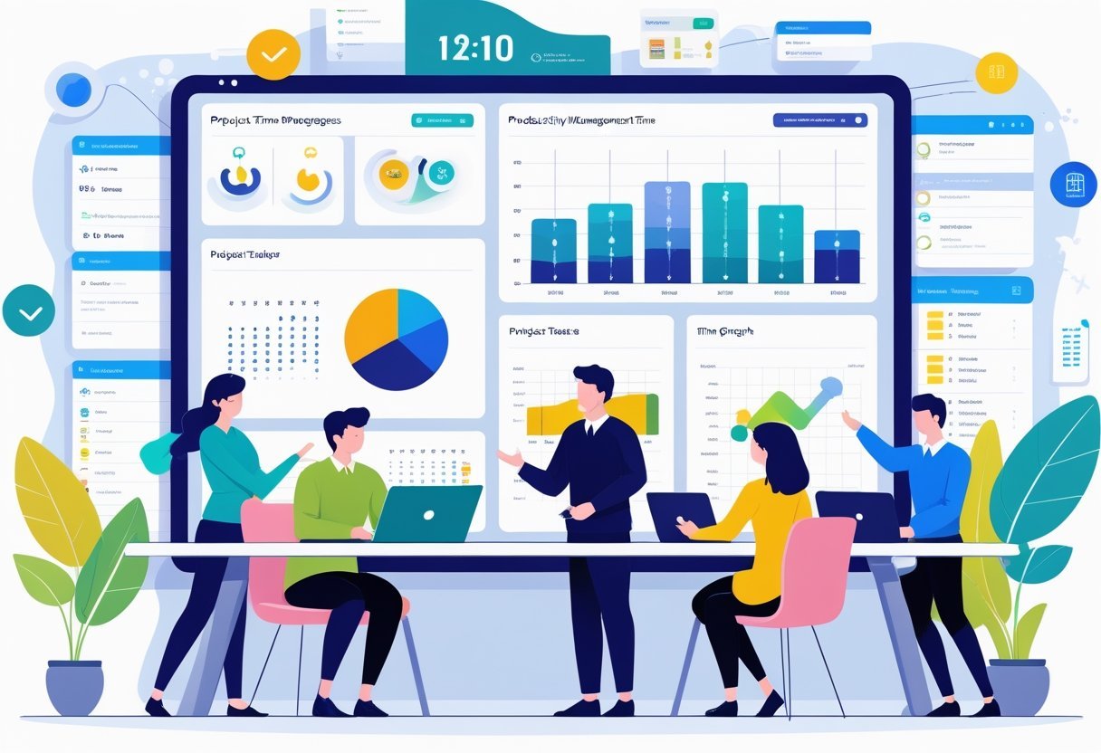 A team collaborating around a table with digital dashboards showing charts and timers for tracking project progress.