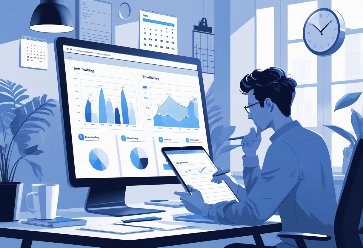 A person reviewing time tracking data on a computer screen in an organized office workspace.